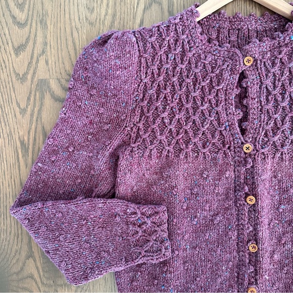 Vintage Hand Knit Wool Puff Sleeve Cardigan Sweater in Purple Blue Melange Small - Picture 3 of 9
